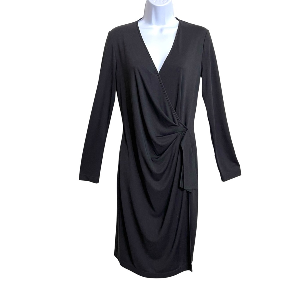St. John Old Money Minimalist Faux Wrap Dress 6 Black Jersey Quiet Luxury Career